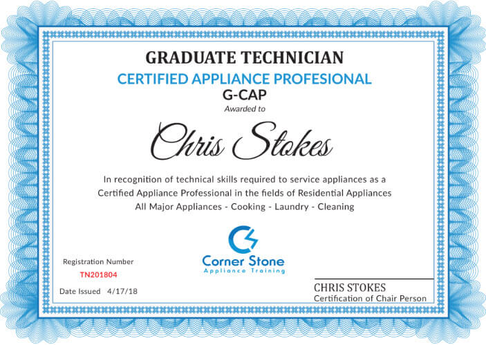 appliance repair technician certificate example