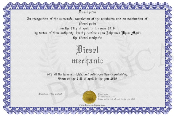 diesel mechanic certificate example