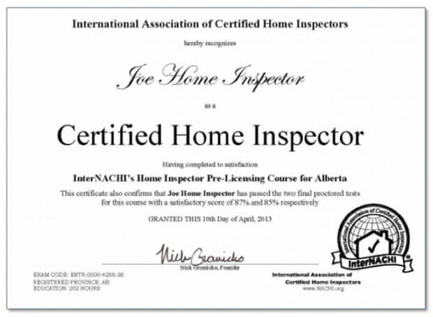 home inspector certificate example