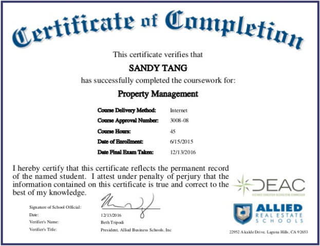 property management certificate example