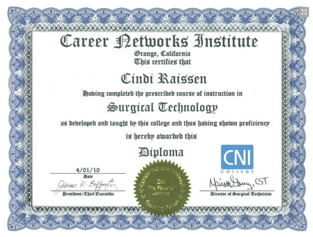 Surgical Technologist Certificate Example