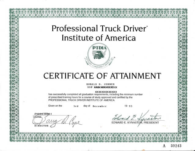 truck driver certificate example