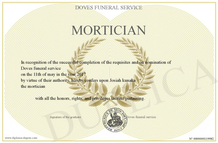 mortician certificate example