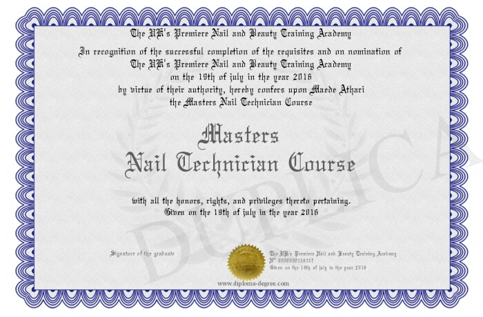 nail technician certificate example