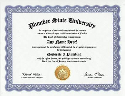 plumber certificate example