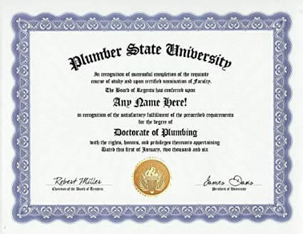 plumber certificate example
